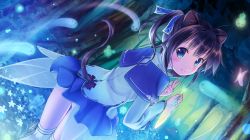 Rule 34 | 1girl, animal ears, blue eyes, blue skirt, blush, bug, butterfly, cat ears, cat tail, dutch angle, forest, game cg, highres, insect, lily (x-overd), looking at viewer, looking back, nature, official art, outdoors, skirt, smile, socks, solo, spirits, tail, takoyaki (roast), twisted torso, white socks, x-overd