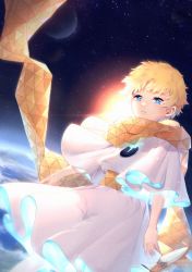 Rule 34 | 1boy, blonde hair, blue eyes, bright pupils, cowboy shot, earth (planet), falling, fate/grand order, fate (series), floating, floating object, glowing, highres, looking to the side, male focus, parted bangs, planet, saiwoproject, scarf, sky, solo, space, star (sky), star (symbol), starry background, starry sky, sun, sunlight, upper body, voyager (fate), voyager (first ascension) (fate)