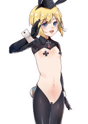 Rule 34 | 1girl, animal ears, black gloves, black pantyhose, blonde hair, blue eyes, blush, breasts, erica hartmann, fake animal ears, gloves, groin, hat, highres, looking at viewer, meme attire, navel, open mouth, pantyhose, pasties, rabbit ears, rabbit tail, reverse bunnysuit, reverse outfit, sayama (chiwan0830), shiny skin, short hair, simple background, small breasts, solo, standing, strike witches, tail, white background, world witches series