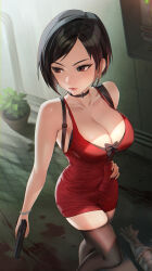 Rule 34 | 1girl, ada wong, alternate breast size, bare shoulders, black choker, black hair, black thighhighs, blood, breasts, choker, cleavage, collarbone, commentary, dress, gun, hand on own hip, handgun, highres, holding, holding gun, holding weapon, large breasts, lips, mhk (mechamania), plant, potted plant, red dress, red eyes, resident evil, resident evil 4, resident evil 4 (remake), short hair, solo, thighhighs, weapon, zombie