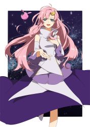 1girl akari_h blue_eyes floating_hair gundam gundam_seed hair_ornament hand_on_own_chest haro lacus_clyne long_hair long_skirt looking_at_viewer open_mouth outstretched_hand pink_hair skirt smile very_long_hair