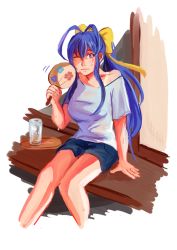 Rule 34 | 1girl, antenna hair, blazblue, blazblue remix heart, blue hair, blush, bow, breasts, cup, door, drinking glass, hand fan, female focus, genderswap, genderswap (mtf), glass, hair bow, large breasts, long hair, mai natsume, one-piece tan, one eye closed, paper fan, ponytail, red eyes, ribbon, semi-transparent, shirt, shorts, sitting, solo, sweat, t-shirt, tan, tanline, tray, uchiwa, wet, wet clothes, wet shirt, wet shirt