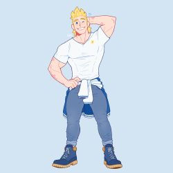 Rule 34 | 1boy, absurdres, alternate costume, arm behind head, bara, blonde hair, blue pants, boku no hero academia, bulge, casual, clothes around waist, denim, feraltintinsimp, full body, hand on own hip, highres, jacket, jacket around waist, jeans, male focus, muscular, muscular male, navel, one eye closed, pants, pants rolled up, pectorals, scar, scar on arm, shirt, shoes, short hair, solo, thighs, togata mirio, white shirt