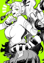 Rule 34 | 1girl, absurdres, ahoge, bandaged arm, bandages, blush, breasts, club, club (weapon), commentary, cowboy shot, earrings, from side, green background, green eyes, greyscale with colored background, hair ornament, hair stick, hakama, hand on hilt, highres, hoop earrings, horns, japanese clothes, jewelry, kanabou, kimono, large breasts, long hair, looking at viewer, notice lines, one piece, oni horns, open mouth, ponytail, profile, rope, shimenawa, sideboob, sidelocks, simple background, sleeveless, sleeveless kimono, smile, solo, spot color, standing, weapon, wrist wrap, yamato (one piece), yotsumi shiro