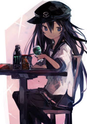 Rule 34 | 1girl, absurdres, akatsuki (kancolle), anchor symbol, black skirt, blue eyes, bottle, chair, cup, cup ramen, drinking glass, flat cap, food, hat, highres, holding, holding cup, ichininmae no lady, kaamin (mariarose753), kantai collection, long hair, monster energy, pantyhose, pleated skirt, purple hair, sailor collar, school uniform, serafuku, simple background, sitting, skirt, smile, solo, table, two-tone background, wine glass