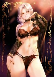 Rule 34 | 1girl, absurdres, bare shoulders, black nails, bow, bow bra, bra, breasts, carmilla (fate), carmilla (swimsuit rider) (fate), carmilla (swimsuit rider) (third ascension) (fate), unworn eyewear, fate/grand order, fate (series), fingernails, hair ornament, highres, holding, long hair, looking at viewer, mashuu (neko no oyashiro), medium breasts, nail polish, panties, parted bangs, parted lips, red eyes, scan, simple background, smile, solo, sunglasses, sunglasses removed, underwear, underwear only, white hair