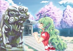 Rule 34 | 1girl, architecture, arms up, blue sky, blush, cherry blossoms, cloud, commentary request, day, east asian architecture, from side, green eyes, green hair, hakurei shrine, horns, kariyushi shirt, komainu, komano aunn, long hair, looking to the side, open mouth, outdoors, paw pose, red shirt, rope, sachisudesu, shide, shimenawa, shirt, short sleeves, shrine, sky, standing, statue, stone walkway, touhou, tree, upper body, very long hair, wavy hair