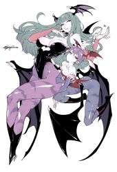 Rule 34 | 2girls, animal print, ass, bad id, bad pixiv id, bare shoulders, bat print, bat wings, blue pantyhose, boots, breasts, cleavage, demon girl, elbow gloves, fishine, full body, gloves, green hair, head wings, highres, huge breasts, leotard, lilith aensland, morrigan aensland, multiple girls, pantyhose, patterned legwear, print legwear, purple hair, purple legwear, simple background, small breasts, vampire (game), white background, wings, yellow eyes