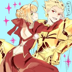 Rule 34 | 10s, 1boy, 1girl, armor, ass, bad id, bad pixiv id, blonde hair, blue background, bow, butt crack, buun ko, dress, earrings, epaulettes, fate/extra, fate (series), gilgamesh (fate), green eyes, hair bow, hair ribbon, jewelry, long sleeves, looking back, nero claudius (fate), nero claudius (fate), nero claudius (fate/extra), red eyes, ribbon