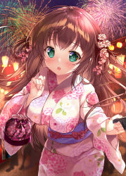Rule 34 | 1girl, :o, breasts, brown hair, commentary request, covered erect nipples, drawstring bag, fireworks, floral print, flower, green eyes, hair flower, hair ornament, handkerchief, highres, holding, holding handkerchief, japanese clothes, kimono, lantern, large breasts, long hair, looking at viewer, mikeou, night, open mouth, original, pink kimono, print kimono, solo, standing, summer festival, watermark, yukata