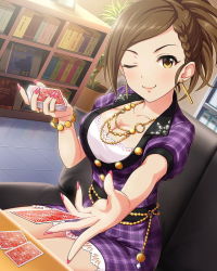 Rule 34 | 10s, 1girl, alternate costume, artist request, bracelet, braid, breasts, brown eyes, brown hair, card, card (medium), character name, cleavage, earrings, female focus, flower (symbol), hyodo rena, idolmaster, idolmaster cinderella girls, jewelry, jpeg artifacts, large breasts, nail polish, official art, one eye closed, playing card, ring, short hair, solo