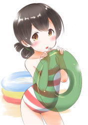 Rule 34 | 1girl, absurdres, black hair, blue ribbon, breasts, brown eyes, casual one-piece swimsuit, commentary request, cowboy shot, folded ponytail, hair ribbon, highres, innertube, kantai collection, kasuga maru (kancolle), long hair, one-hour drawing challenge, one-piece swimsuit, ribbon, simple background, small breasts, solo, striped clothes, striped one-piece swimsuit, swept bangs, swim ring, swimsuit, taisinkoku, wading pool, white background