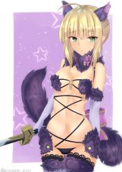 Rule 34 | 1girl, animal ears, artoria pendragon (all), artoria pendragon (fate), bare shoulders, blonde hair, blush, breasts, cosplay, elbow gloves, excalibur (fate/stay night), fate/grand order, fate/stay night, fate (series), gloves, green eyes, halloween costume, highres, holding, holding sword, holding weapon, kesoshirou, looking at viewer, mash kyrielight, mash kyrielight (dangerous beast), mash kyrielight (dangerous beast) (cosplay), navel, official alternate costume, revealing clothes, saber (fate), shielder (fate/grand order) (cosplay), small breasts, solo, sword, tail, thighhighs, weapon, wolf ears, wolf tail