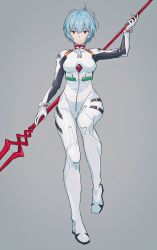 Rule 34 | 1girl, absurdres, ayanami rei, bident, blue hair, bodysuit, commentary, full body, hajikkoneko, highres, holding, interface headset, lance of longinus (evangelion), looking at viewer, multicolored bodysuit, multicolored clothes, neon genesis evangelion, pilot suit, plugsuit, polearm, red eyes, short hair, solo, symbol-only commentary, weapon, white bodysuit