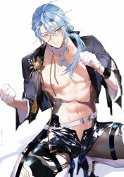 Rule 34 | 1boy, abs, ascot, belt, black pantyhose, blue eyes, blue hair, blush, boots, edmond (nu carnival), full body, gem, gloves, hair over shoulder, high heel boots, high heels, knee boots, light blue hair, long hair, long sleeves, looking at viewer, low ponytail, male focus, monocle, muscular, muscular male, navel, nipples, nu carnival, official alternate costume, open clothes, owner bird, pantyhose, pectorals, spread legs, squatting, thigh strap, torn clothes, white ascot, white belt, white footwear, white gloves