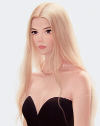 Rule 34 | 1girl, anya taylor-joy, black dress, black eyes, blonde hair, commentary request, dress, eyelashes, highres, jewelry, lips, long hair, mixed-language commentary, necklace, portrait, real life, realistic, signature, teeth, umigraphics, upper body, very long hair
