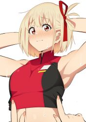 Rule 34 | 1girl, 1other, armpits, arms behind head, blonde hair, blush, bob cut, commentary request, cropped shirt, furrowed brow, hair ribbon, highres, index finger raised, looking at viewer, lycoris recoil, nervous, nishikigi chisato, nose blush, pov, red eyes, red ribbon, red shirt, ribbon, sakura 1110ssmm, shirt, short hair, sleeveless, sleeveless shirt, sweat, upper body
