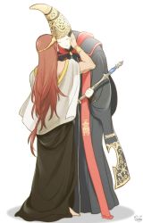 Rule 34 | 1boy, 1girl, black hair, elden ring, from software, height difference, highres, large hat, long hair, muu1519, radagon of the golden order, red hair, rennala queen of the full moon, simple background, smile, tall, tall female