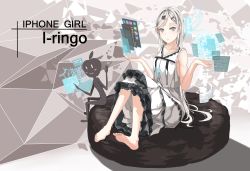 Rule 34 | 1girl, :3, apple inc., bare shoulders, barefoot, black kohi, blush stickers, dress, expressionless, grey eyes, hair ornament, hairclip, highres, holographic interface, long hair, original, personification, sitting, solo, white hair