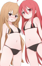 2girls absurdres ahoge aisaka_taiga bare_arms bare_shoulders bikini black_bikini blush breasts brown_eyes brown_hair cameltoe crossover hair_between_eyes highres long_hair looking_at_viewer multiple_girls navel nicomi-chan red_eyes red_hair shakugan_no_shana shana simple_background small_breasts standing swimsuit toradora! very_long_hair voice_actor_connection white_background