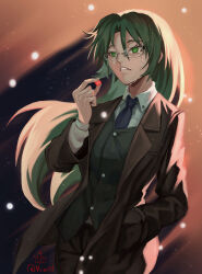 Rule 34 | 1girl, absurdres, artist name, asougi rin, breasts, crying, green eyes, green hair, highres, large breasts, legs, long hair, mature female, mnemosyne, necktie, office lady, pants, solo, tears, thighs