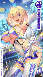 Rule 34 | 1girl, animal ears, armpits, blonde hair, blue eyes, blush, breasts, covered navel, elbow gloves, from side, gloves, highres, large breasts, leotard, looking at viewer, one eye closed, open mouth, original, pom pom (cheerleading), rabbit ears, short hair, smile, solo focus, sophia f shirring, takamine nadare, thighhighs, thighs, underboob, white gloves, white leotard, white thighhighs