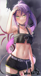 Rule 34 | 1girl, alternate hairstyle, arm up, armpits, artist name, bare shoulders, belt, black camisole, black choker, black shorts, breasts, camisole, choker, cleavage, closed mouth, collarbone, colored inner hair, commentary, cowboy shot, crop top, crop top overhang, demon tail, ear piercing, green eyes, hair between eyes, hair ornament, hairclip, hand on own forehead, highres, hololive, long hair, looking at viewer, midriff, multicolored hair, navel, navel piercing, no jacket, o-ring, o-ring choker, piercing, pink hair, pointy ears, ponytail, purple hair, short shorts, shorts, sidelocks, small breasts, solo, standing, streaked hair, tail, thigh strap, tokoyami towa, virtual youtuber, wszkii