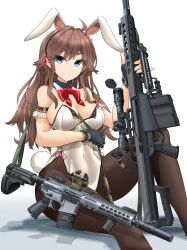 Rule 34 | 1girl, absurdres, animal ears, anti-materiel rifle, armband, assault rifle, barrett m82, between breasts, black gloves, black pantyhose, blue eyes, bow, bowtie, breasts, brown hair, closed mouth, collar, commentary, covered navel, detached collar, fake animal ears, fake tail, fingerless gloves, frilled armband, frills, gloves, gun, highres, holding, holding gun, holding weapon, knee up, large breasts, leotard, long hair, looking at viewer, mikeran (mikelan), original, pantyhose, playboy bunny, rabbit ears, rabbit tail, red bow, red bowtie, rifle, scope, shadow, side-tie leotard, sitting, smile, sniper rifle, solo, strapless, strapless leotard, suppressor, tail, weapon, weapon request, white collar, white leotard, wing collar