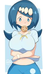 Rule 34 | 1girl, blue eyes, breasts, cookie, creatures (company), food, game freak, highres, jellcaps, lana&#039;s mother (pokemon), large breasts, nintendo, pokemon, pokemon (anime), pokemon sm (anime), solo