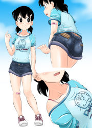 Rule 34 | 1girl, ass, bandaid, black hair, breasts, closed mouth, commentary request, doraemon, highres, looking at viewer, medium hair, minamoto shizuka, multiple views, no socks, open mouth, short shorts, shorts, simple background, smile, solo, takaya n, tan, twintails