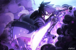Rule 34 | 1boy, black hair, fighting stance, fingerless gloves, gloves, glowing, glowing eyes, glowing weapon, highres, holding, holding sword, holding weapon, katana, male focus, original, purple gloves, qys3, red eyes, shaded face, signature, smoke, solo, sword, vambraces, weapon