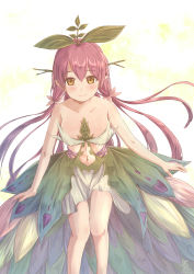 Rule 34 | 1girl, artist name, bare shoulders, blush, breasts, brown eyes, cleavage, closed mouth, collarbone, commentary, granblue fantasy, hair between eyes, highres, hikari niji, long hair, looking at viewer, low twintails, medium breasts, monster girl, navel, pink hair, plant girl, pointy ears, skirt, smile, solo, twintails, very long hair, yggdrasill (granblue fantasy)
