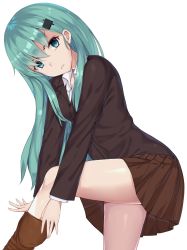 Rule 34 | 10s, 1girl, adjusting clothes, adjusting legwear, aqua eyes, aqua hair, bad id, bad pixiv id, blazer, breasts, brown thighhighs, from side, hair ornament, hairclip, highres, jacket, kanikou, kantai collection, leaning forward, long hair, long sleeves, looking at viewer, medium breasts, parted lips, pleated skirt, school uniform, simple background, skirt, solo, suzuya (kancolle), thighhighs, white background