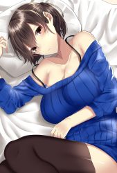 Rule 34 | 10s, 1girl, alternate costume, bare shoulders, bed sheet, black bra, black thighhighs, blue sweater, bra, bra strap, breasts, brown eyes, brown hair, cleavage, closed mouth, collarbone, hair between eyes, hand on own stomach, highres, kaga (kancolle), kantai collection, large breasts, long sleeves, looking at viewer, lying, on side, onineko-chan, ribbed sweater, solo, sweater, thighhighs, underwear