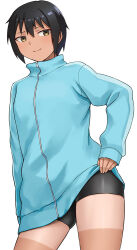 Rule 34 | 1girl, bike shorts, black hair, breasts, closed mouth, commentary request, dark-skinned female, dark skin, hand on own hip, hashi, jacket, looking at viewer, medium breasts, original, short bangs, short hair, simple background, smile, solo, standing, tan, tanline, tomboy, track jacket, track suit, white background, yellow eyes