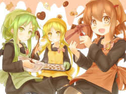 Rule 34 | 10s, 3girls, apron, baking sheet, black serafuku, blonde hair, box, brown eyes, brown hair, commentary request, cookie, crescent, crescent hair ornament, food, fumizuki (kancolle), green eyes, green hair, hair ornament, heart-shaped box, highres, kantai collection, long hair, looking at viewer, mixing bowl, multiple girls, nagatsuki (kancolle), open mouth, ponytail, satsuki (kancolle), school uniform, serafuku, smile, suzushiro (gripen39), tenugui, twintails, valentine, wooden spoon, yellow eyes
