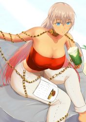 Rule 34 | absurdres, blue eyes, breasts, burger, chain, cleavage, collar, couch, drink, drinking straw, fate/grand order, fate (series), food, french fries, gold chain, grey hair, highres, jewelry, large breasts, long hair, looking at viewer, magazine (object), midriff, multicolored hair, on couch, open mouth, oretacinoyamato, pants, pink hair, tan, tank top, tight clothes, tight pants, zenobia (fate)