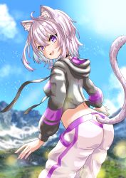 Rule 34 | 1girl, absurdres, animal ears, ass, ass cutout, blush, breasts, butt crack, cat ears, cat tail, clothing cutout, from behind, highres, hololive, hood, hoodie, lingmu xizhizhu, looking at viewer, nekomata okayu, open mouth, pants, purple eyes, purple hair, shiny clothes, shiny skin, short hair, sideboob, smile, solo, tail, virtual youtuber