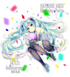 Rule 34 | 1girl, absurdly long hair, black skirt, black thighhighs, blue eyes, blue hair, blue nails, blush, closed mouth, dated, detached sleeves, full body, hatsune miku, highres, kurisu sai, long hair, looking at viewer, lying, nail polish, on side, skirt, smile, solo, thighhighs, twintails, very long hair, vocaloid