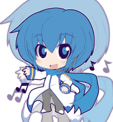 Rule 34 | 1boy, blue eyes, blue hair, blue scarf, chibi, crazy developers, fang, headphones, headset, kaito (vocaloid), male focus, matching hair/eyes, musical note, scarf, short hair, smile, solo, vocaloid, zoom layer