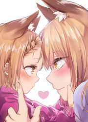Rule 34 | 2girls, age difference, animal ear fluff, animal ears, blush, braid, crown braid, extra ears, eyelashes, finger to face, forehead-to-forehead, fox ears, heads together, heart, highres, holding face, long hair, looking at another, mother and daughter, multiple girls, original, short hair, single braid, size difference, sweater, white background, yellow eyes, yukibuster z