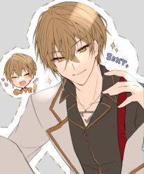 Rule 34 | 1boy, :d, absurdres, black shirt, brown eyes, brown hair, chibi, chibi inset, closed eyes, closed mouth, collarbone, collared shirt, dotted line, earrings, english text, fushimi gaku, grey background, grey jacket, hair between eyes, hand up, highres, jacket, jewelry, looking at viewer, male focus, multiple views, nijisanji, open clothes, open jacket, open mouth, outline, shikino yuki, shirt, smile, sparkle, virtual youtuber, white outline