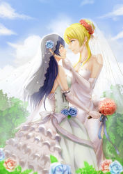Rule 34 | 10s, 2girls, absurdres, ayase eli, blonde hair, blue eyes, blue flower, blue hair, blue rose, blurry, blush, bouquet, bridal veil, cloud, couple, day, depth of field, dress, earrings, elbow gloves, eye contact, flower, frills, gloves, grabbing another&#039;s chin, hair up, hand on another&#039;s chin, highres, jewelry, long hair, looking at another, love live!, love live! school idol project, multiple girls, outdoors, pink flower, pink rose, rose, shi yu mu yun, sky, smile, sonoda umi, strapless, strapless dress, veil, wedding, wedding dress, white gloves, wife and wife, yellow eyes, yuri