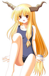 Rule 34 | 1girl, ass, blonde hair, fang, female focus, highres, horns, ibuki suika, long hair, mukiryoku seimeitai, no nose, one-piece swimsuit, red eyes, school swimsuit, simple background, solo, swimsuit, touhou, towel, white background