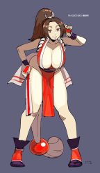 Rule 34 | 1girl, absurdres, armor, bent over, black legwear, breasts, brown eyes, brown hair, cleavage, commentary, earltheartist, english commentary, english text, fatal fury, folded fan, folding fan, forehead, hair ribbon, hand fan, high ponytail, highres, japanese armor, japanese clothes, kimono, kote, large breasts, legs, long hair, ninja, nintendo, parted bangs, pelvic curtain, ponytail, revealing clothes, ribbon, shiranui mai, sleeveless, sleeveless kimono, smile, snk, snk heroines: tag team frenzy, solo, super smash bros., the king of fighters, thighs