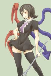 Rule 34 | 1girl, absurdres, artist request, asymmetrical wings, black hair, black thighhighs, breasts, dress, female focus, highres, houjuu nue, lips, polearm, red eyes, short hair, skindentation, smile, solo, thighhighs, touhou, trident, weapon, wings, zettai ryouiki