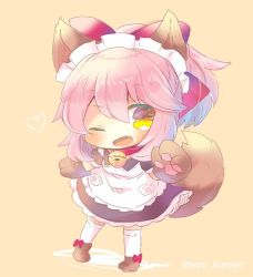 Rule 34 | 1girl, ;d, animal ears, animal hands, apron, bell, black dress, blush, bow, brown background, brown eyes, chibi, commentary request, dress, fang, fate/grand order, fate (series), fox ears, fox girl, fox tail, full body, gloves, hair between eyes, hair bow, heart, jingle bell, kou hiyoyo, looking at viewer, maid apron, maid headdress, one eye closed, open mouth, paw gloves, paw shoes, pink hair, ponytail, puffy short sleeves, puffy sleeves, red bow, shoes, short sleeves, sidelocks, smile, solo, standing, tail, tamamo (fate), tamamo cat (fate), tamamo cat (second ascension) (fate), twitter username, white apron