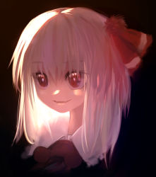 Rule 34 | 1girl, ascot, beads, blonde hair, bright pupils, commentary request, dark background, hair between eyes, hair ribbon, highres, long hair, looking ahead, parted lips, red ascot, red eyes, red ribbon, ribbon, rumia, simple background, smile, solo, suisa (mizsai), touhou, upper body