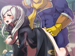 Rule 34 | ass grab, blush, boris (noborhys), captain falcon, clothed sex, doggystyle, f-zero, fire emblem, fire emblem awakening, nintendo, one breast out, one eye closed, robin (female) (fire emblem), robin (fire emblem), sex, sex from behind, super smash bros., white hair