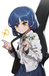 Rule 34 | absurdres, black ribbon, black skirt, blue hair, bocchi the rock!, collared shirt, cowboy shot, earrings, grey background, guitar case, hair ornament, hair ribbon, hands up, highres, holding, holding leaf, instrument case, jewelry, leaf, long sleeves, looking at viewer, mole, mole under eye, pleated skirt, ribbon, shiny clothes, shirt, shirt partially tucked in, short hair, simple background, skirt, smile, stoll (tmxhf), yamada ryo